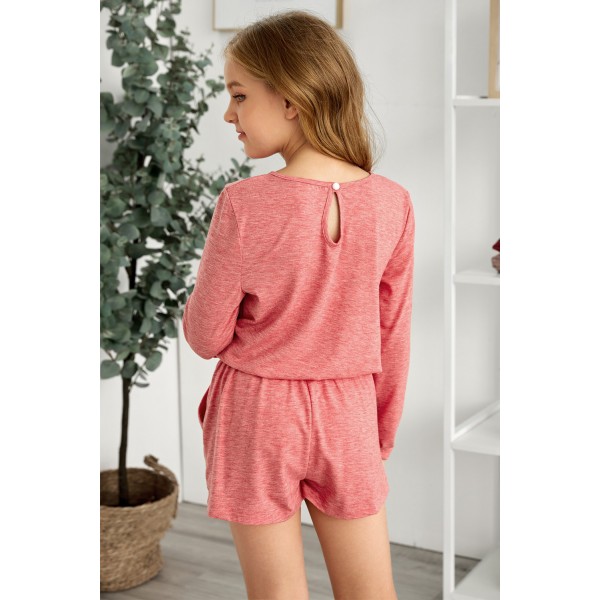 Solid Color Long Sleeve Elastic Waist Pocket Girl Romper