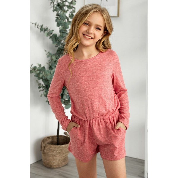 Solid Color Long Sleeve Elastic Waist Pocket Girl Romper