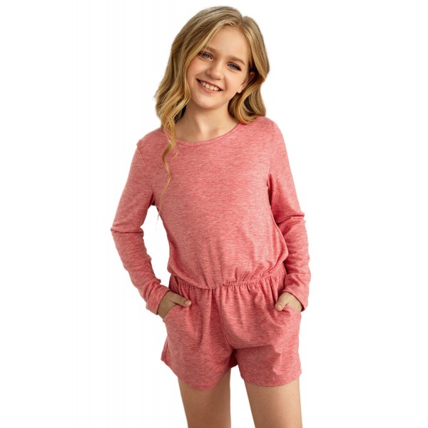 Solid Color Long Sleeve Elastic Waist Pocket Girl Romper