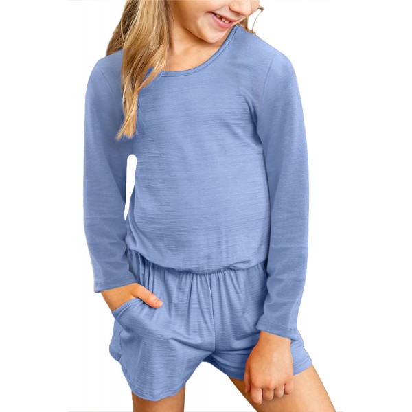 Sky Blue Solid Color Long Sleeve Elastic Waist Pocket Girl Romper