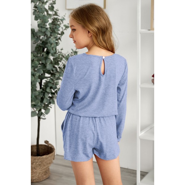 Sky Blue Solid Color Long Sleeve Elastic Waist Pocket Girl Romper