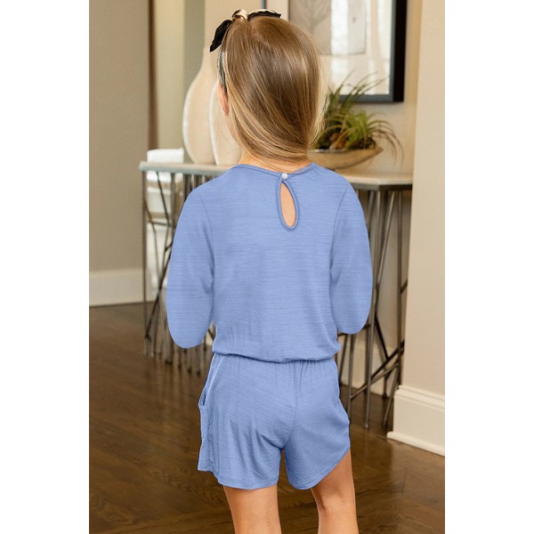 Sky Blue Solid Color Long Sleeve Elastic Waist Pocket Girl Romper