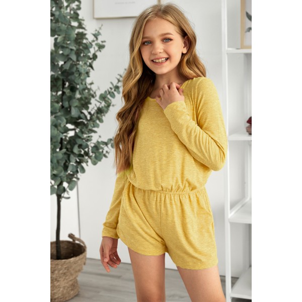Yellow Solid Color Long Sleeve Elastic Waist Pocket Girls Romper