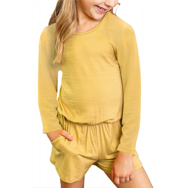 Yellow Solid Color Long Sleeve Elastic Waist Pocket Girls Romper