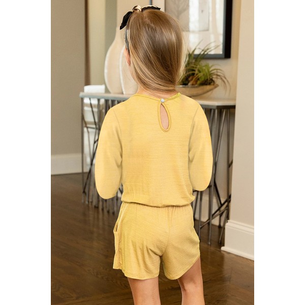 Yellow Solid Color Long Sleeve Elastic Waist Pocket Girls Romper