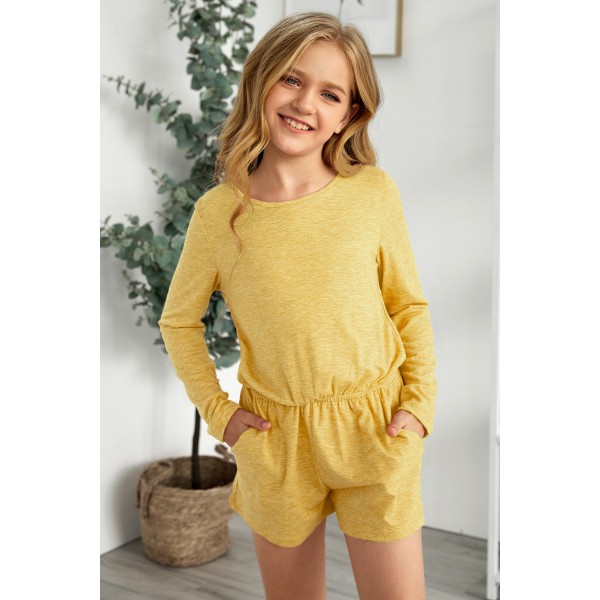 Yellow Solid Color Long Sleeve Elastic Waist Pocket Girls Romper