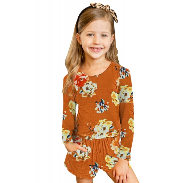 Orange Little Girls Floral Long Sleeve Romper