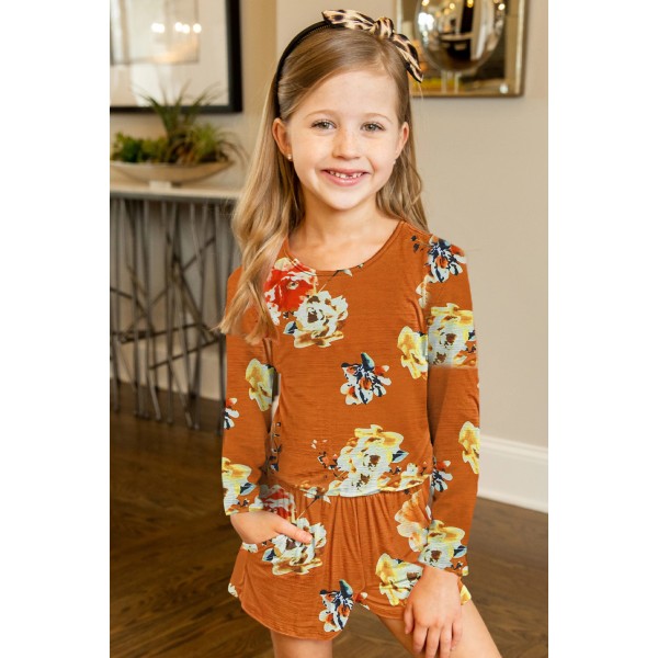 Orange Little Girls Floral Long Sleeve Romper