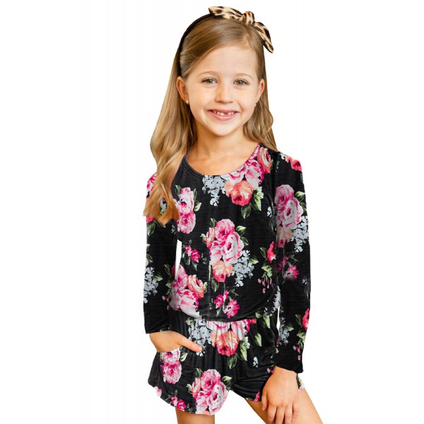 Black Little Girls Floral Long Sleeve Romper