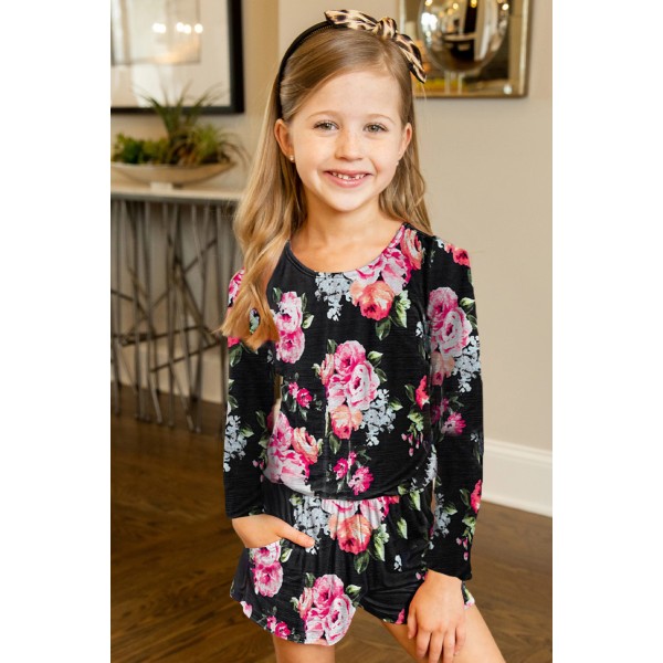 Black Little Girls Floral Long Sleeve Romper