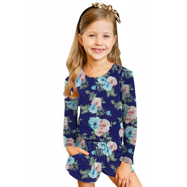 Blue Little Girls Floral Long Sleeve Romper