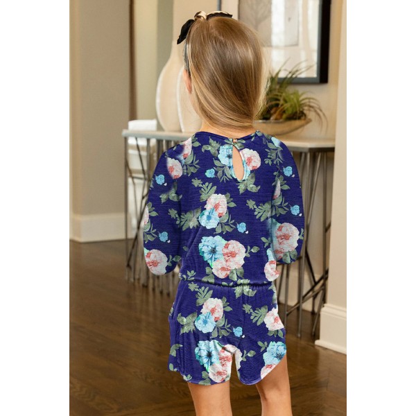 Blue Little Girls Floral Long Sleeve Romper
