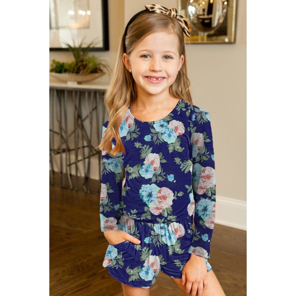 Blue Little Girls Floral Long Sleeve Romper