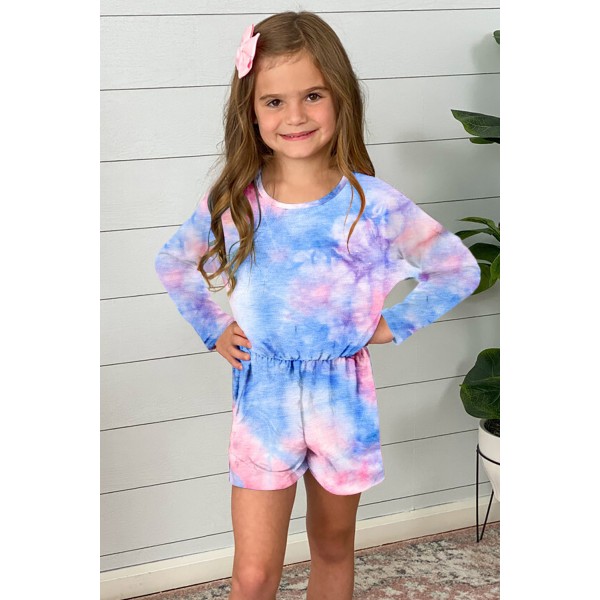 Sky Blue Long Sleeve Elastic Waist Tie-dye Girl Romper