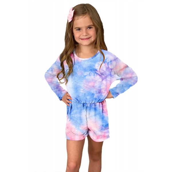 Sky Blue Long Sleeve Elastic Waist Tie-dye Girl Romper