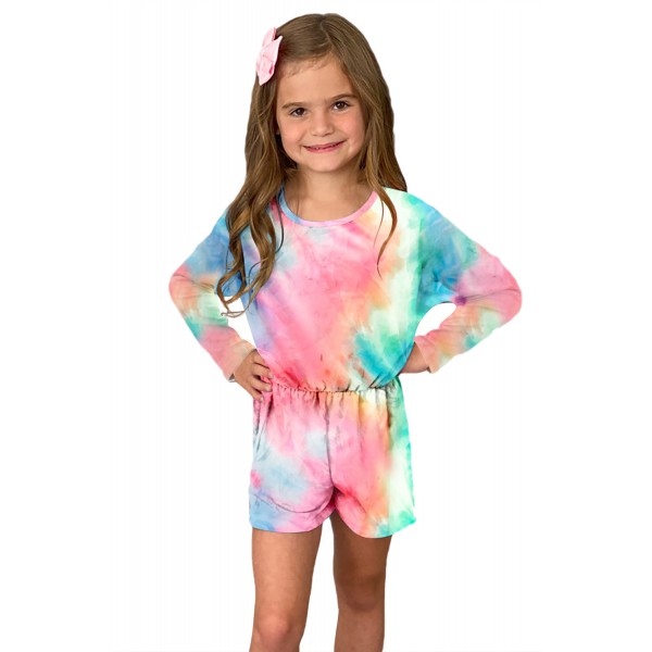 Rose Long Sleeve Elastic Waist Tie-dye Girl Romper