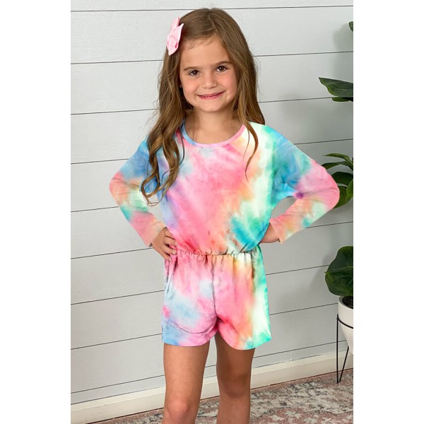 Rose Long Sleeve Elastic Waist Tie-dye Girl Romper
