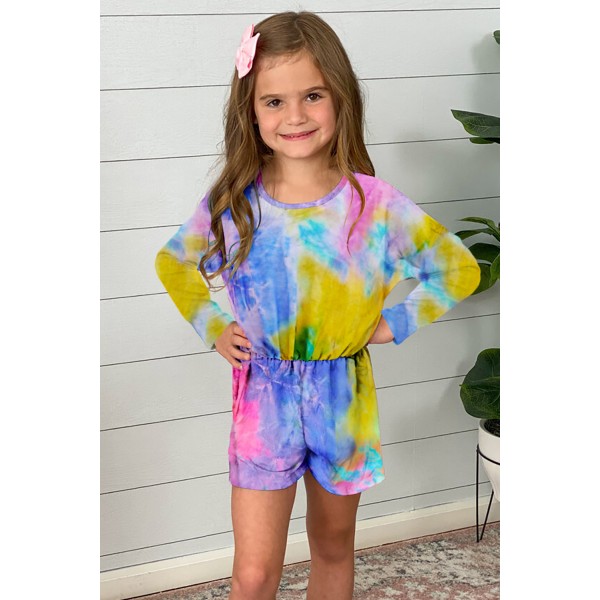 Yellow Long Sleeve Elastic Waist Tie-dye Girl Romper