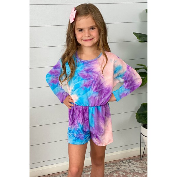 Purple Long Sleeve Elastic Waist Tie-dye Girl Romper