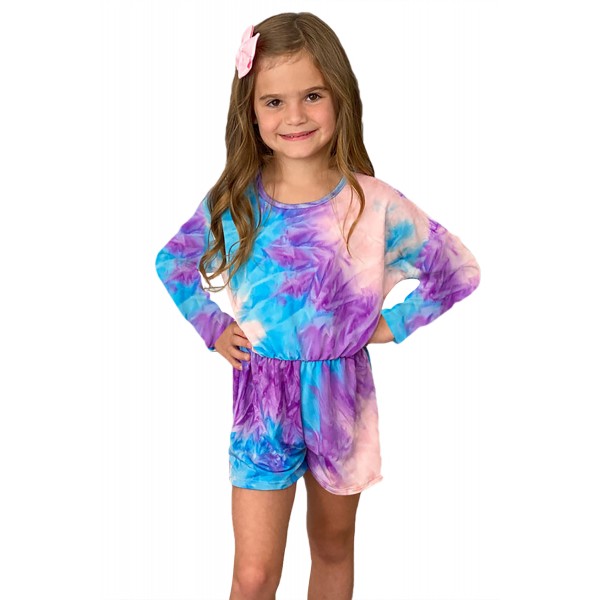 Purple Long Sleeve Elastic Waist Tie-dye Girl Romper