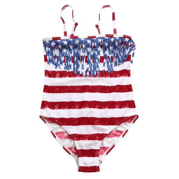 Flag Striped Star Tassel Little Girl Swimsuit