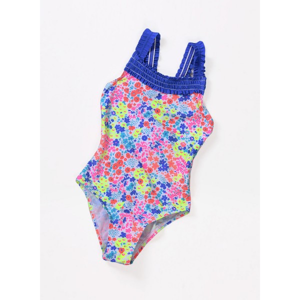 Multicolored Little Girls Flower Print One Piece Swimsuit