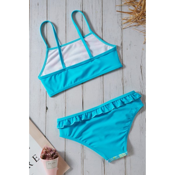 Blue Floral Strappy Little Girls Tankini Set