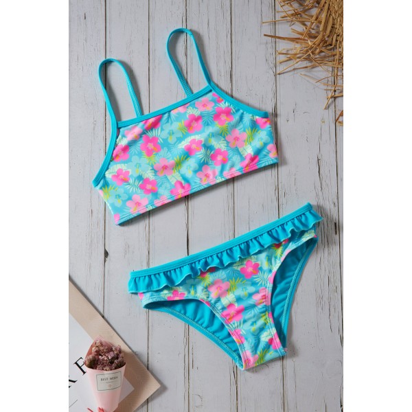 Blue Floral Strappy Little Girls Tankini Set