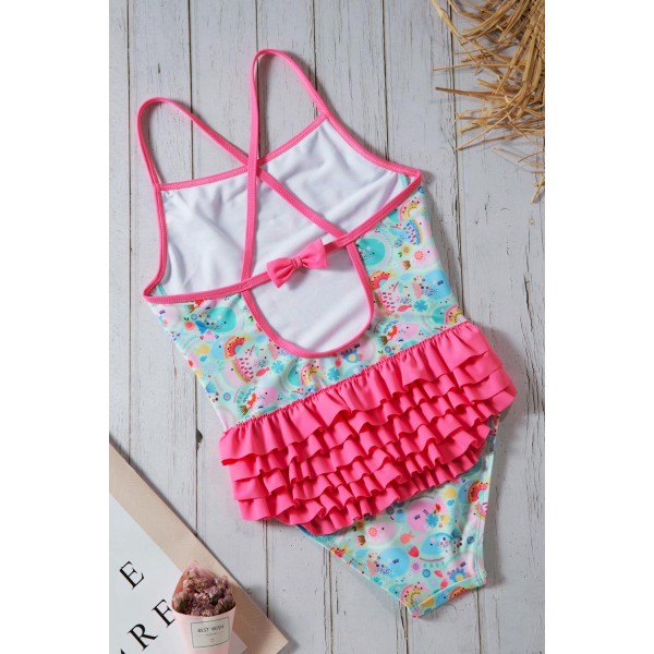 Girls Cartoon Fish World Ruffle Back Teddy Swimsuit