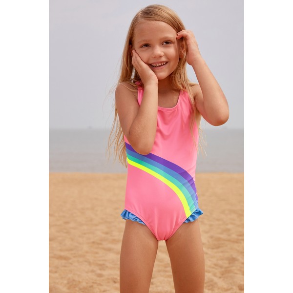Cute Rainbow Trim Pink Baby Girls One Piece Swimsuit