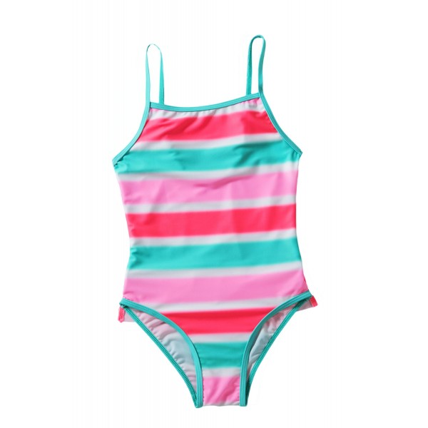 Neon Multicolor Striped Ruffle Trim Girls Teddy Swimsuit