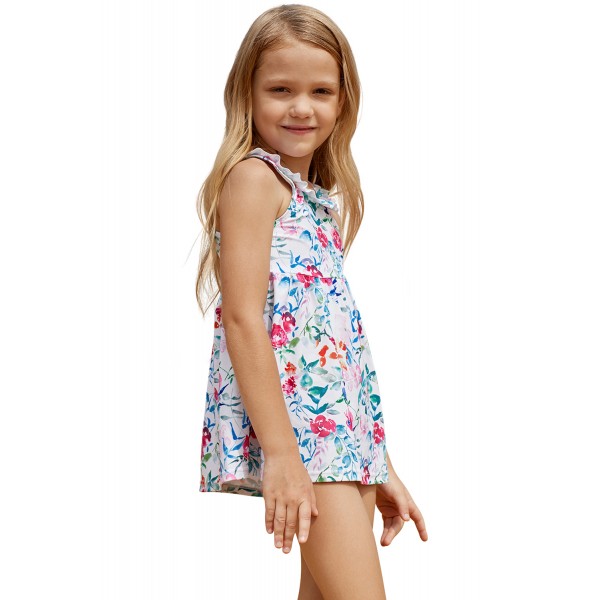 Floral Pattern Ruffle Neckline Toddler Girls Swim Dress