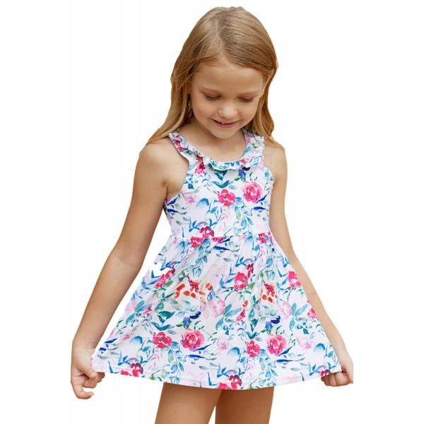 Floral Pattern Ruffle Neckline Toddler Girls Swim Dress