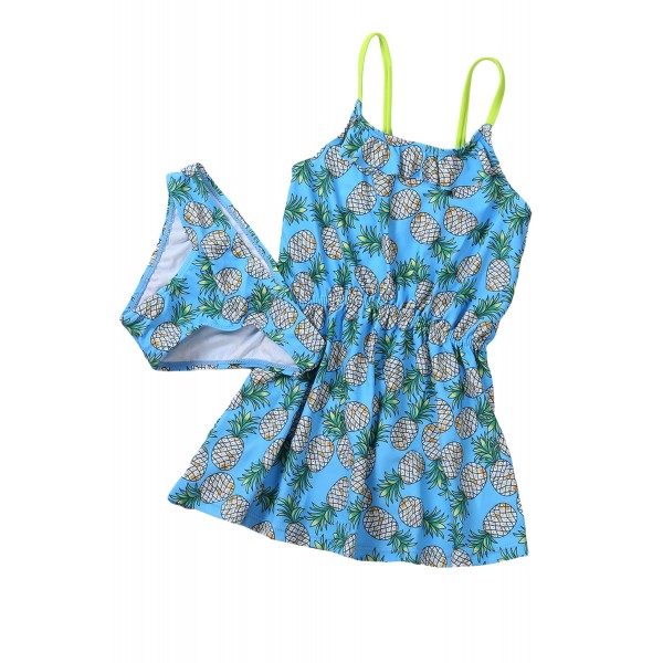 Blue Pineapple Print Little Girls Swimdress with Panty