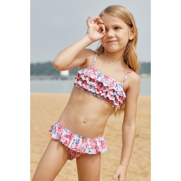 Blue Pink Multi-layer Ruffles Toddler Girls Bikini