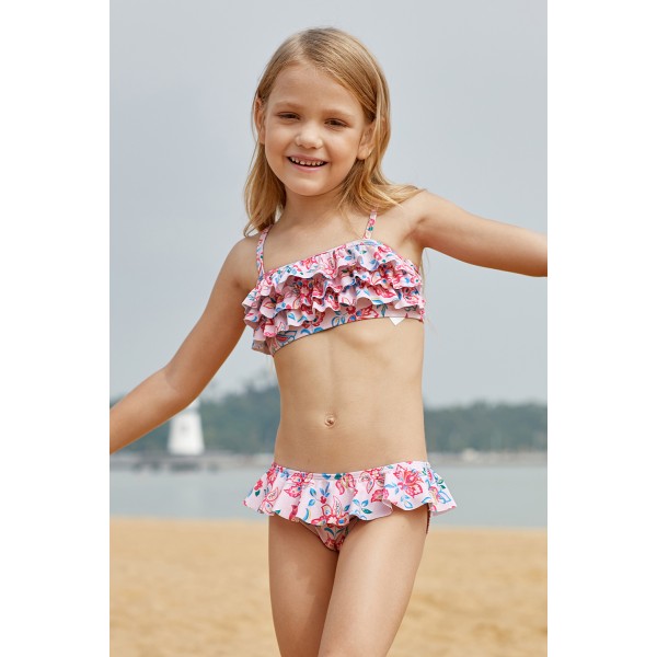 Blue Pink Multi-layer Ruffles Toddler Girls Bikini