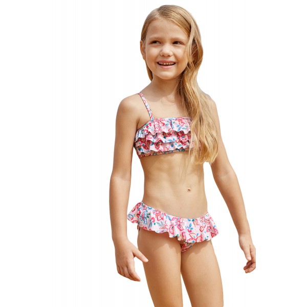 Blue Pink Multi-layer Ruffles Toddler Girls Bikini