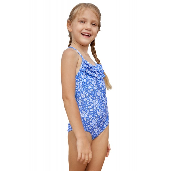 Blue White Paisley Print Little Girl Maillot with Ruffle