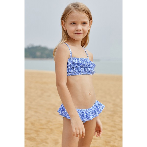 Blue White Paisley Print Little Girl Bikini with Ruffle