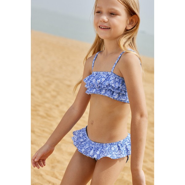 Blue White Paisley Print Little Girl Bikini with Ruffle