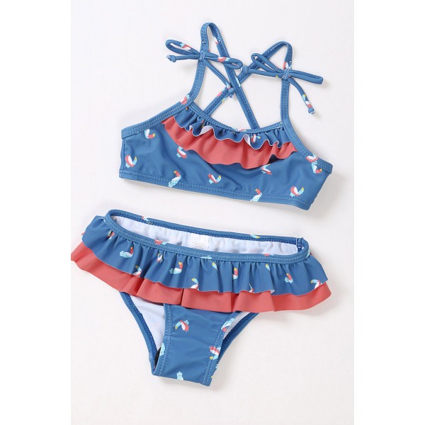 Sail Blue Little Girls Ruffle Bikini with Print