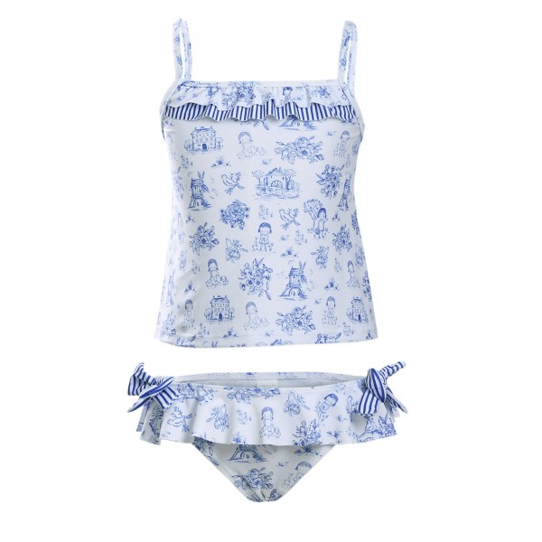 Blue Toile Pattern Little Girls Swimsuit