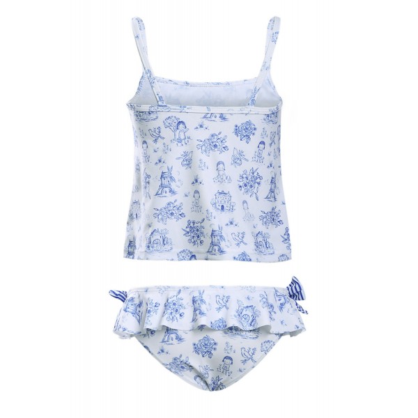 Blue Toile Pattern Little Girls Swimsuit