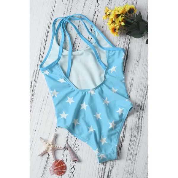 Duplicate Straps Stars Print Blue Maillot for Kid Girls