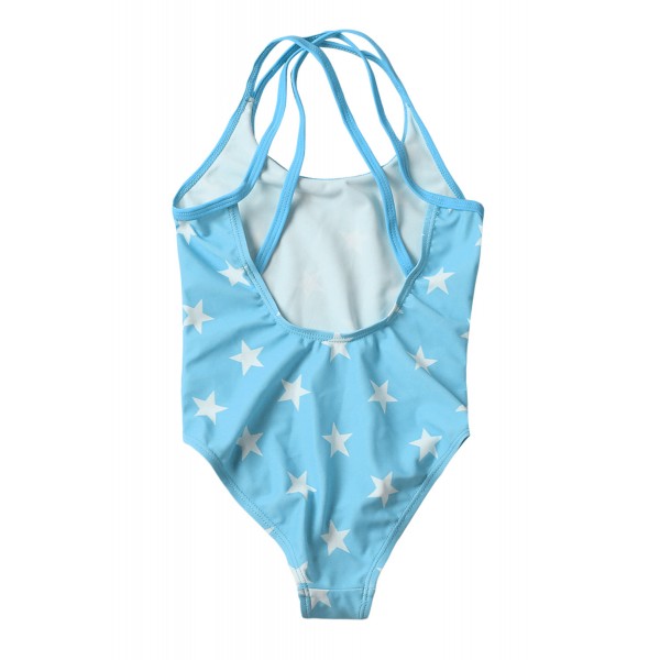 Duplicate Straps Stars Print Blue Maillot for Kid Girls