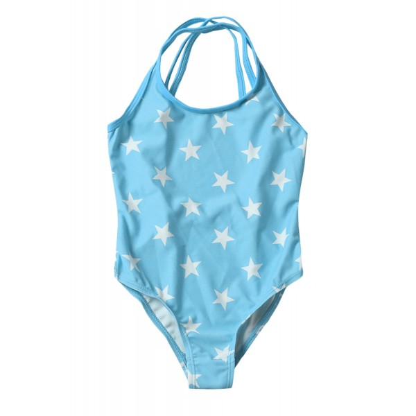 Duplicate Straps Stars Print Blue Maillot for Kid Girls