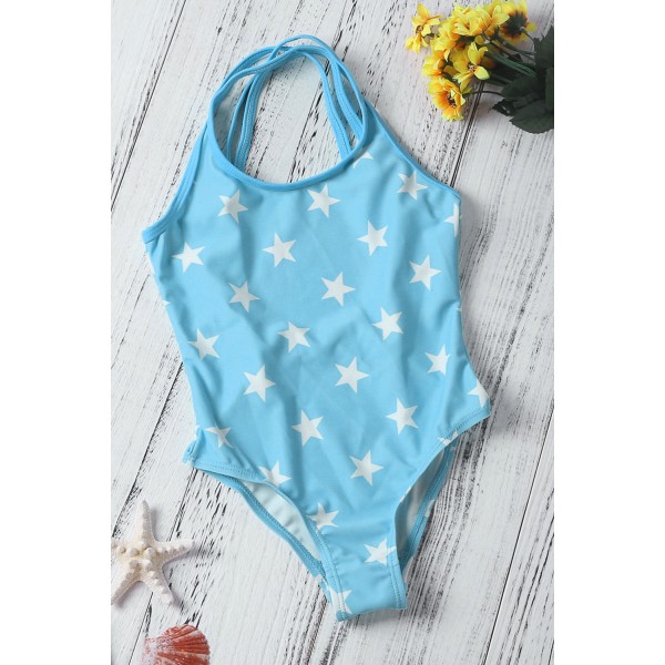 Duplicate Straps Stars Print Blue Maillot for Kid Girls