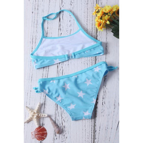 Little Girls Halter Neck Stars Print Blue Bikini
