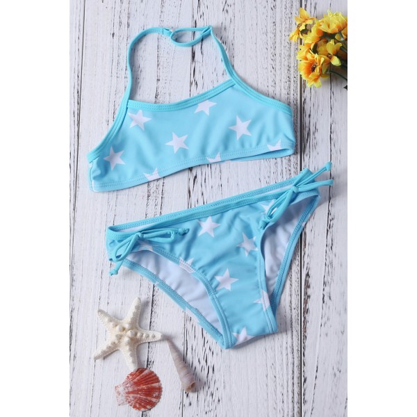 Little Girls Halter Neck Stars Print Blue Bikini