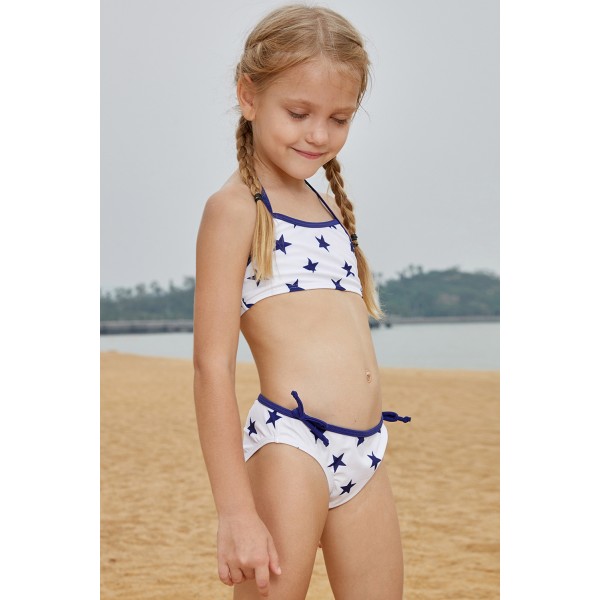 Halter Neck Blue Stars Print White Kid Girls Bikini Swimwear